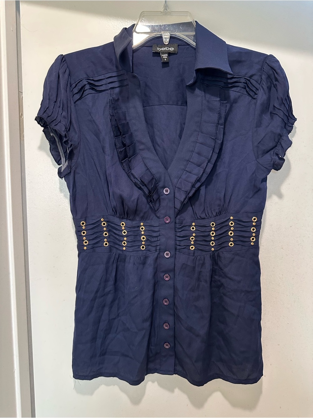 bebe Navy Button-Front Short-Sleeve Blouse with Grommet Waist Silk Blend Small